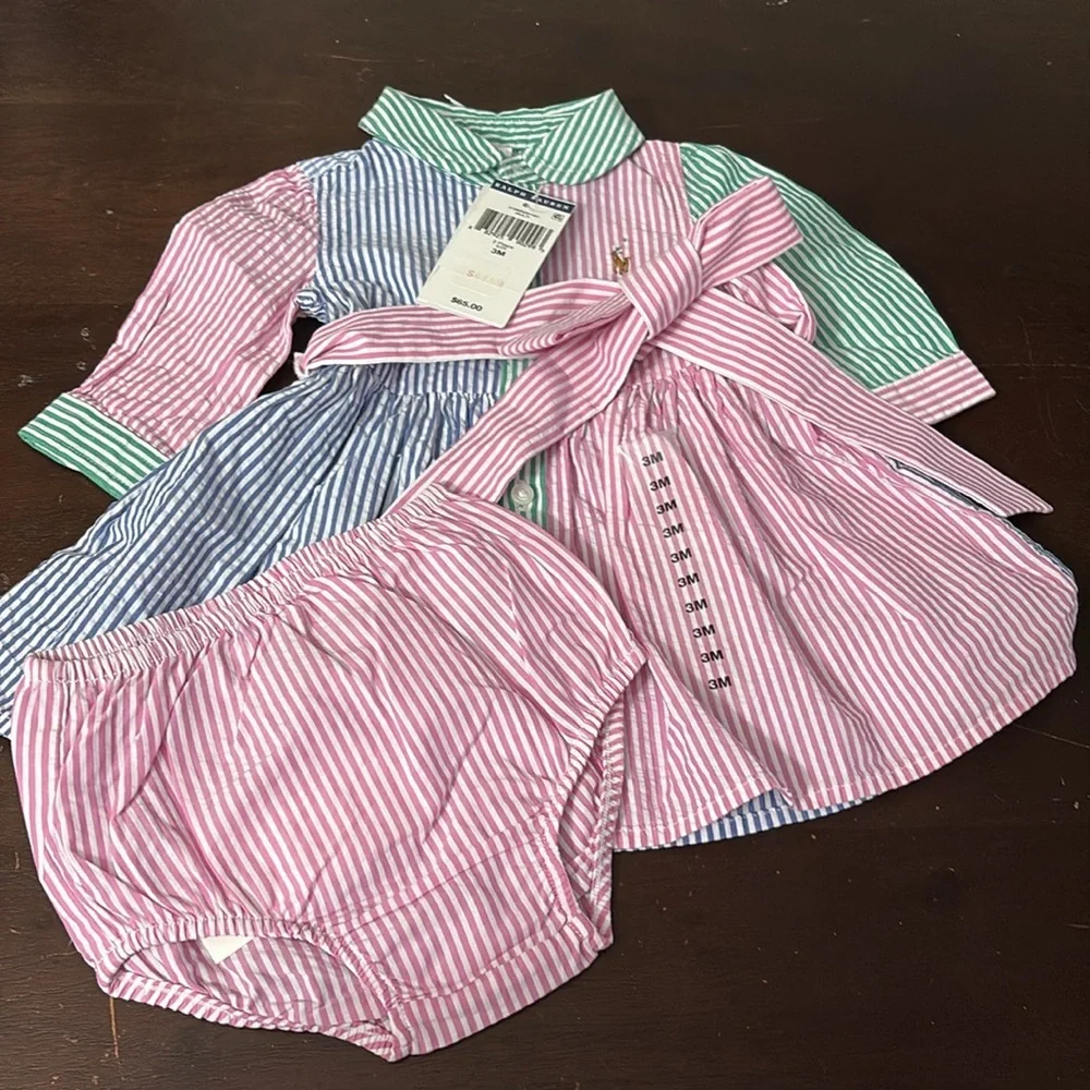 Ralph Lauren Seersucker Fun Shirtdress & Bloomer Baby Girl NWT